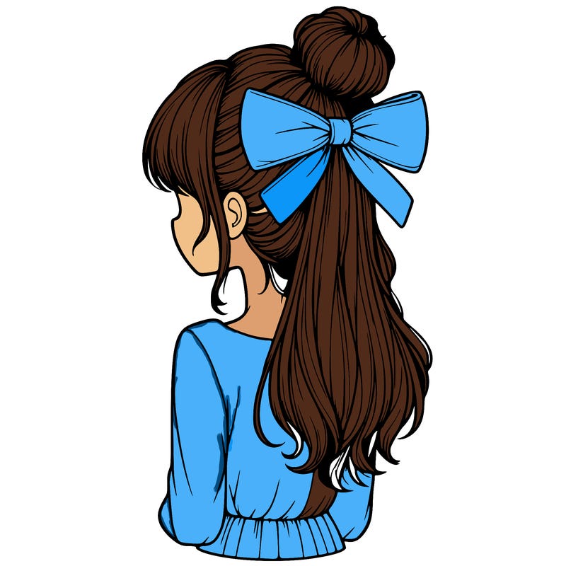 realistic girl  with hip length hair a bun and a big bow on the back of head