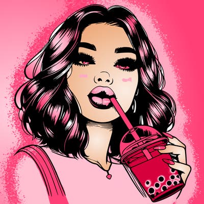 realistic girl with glossy lips holding boba