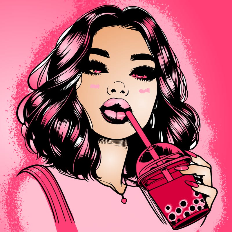 realistic girl with glossy lips holding boba
