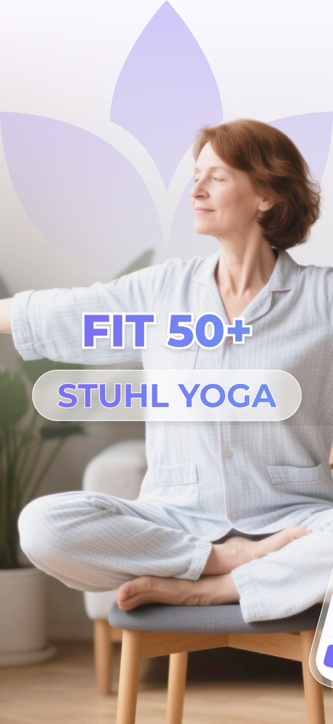 Fit 50+ : Workout & Stuhl Yoga - Mulher madura praticando yoga calma na cadeira em casa com o aplicativo de treino Fit 50 plus