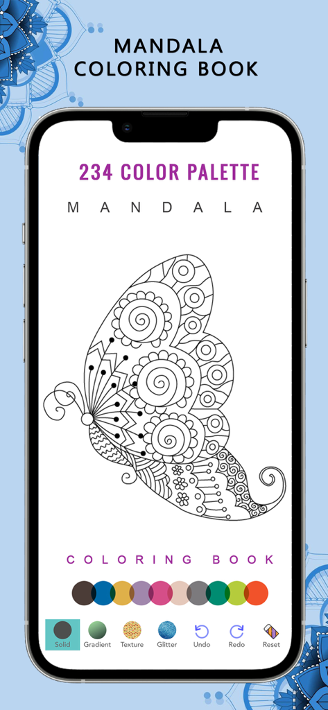 Mandala Coloring Pages Adult - Mandala coloring book app interface featuring a butterfly pattern and an extensive color palette.