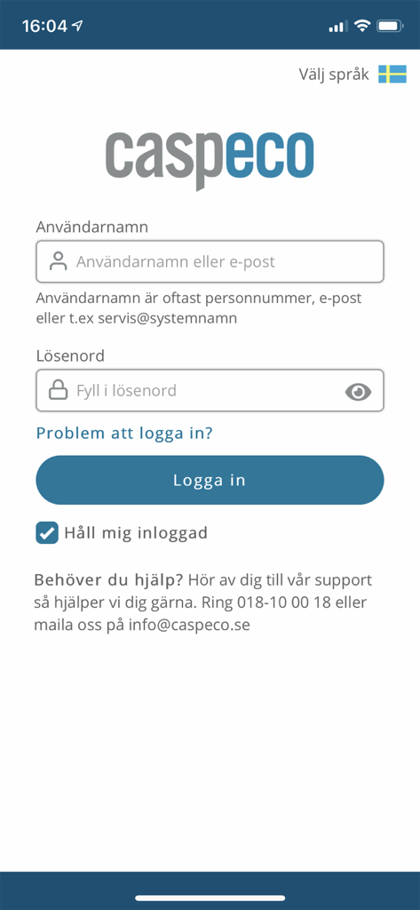 Caspeco Cloud - Login screen for the Caspeco Cloud workforce management app showing username and password fields