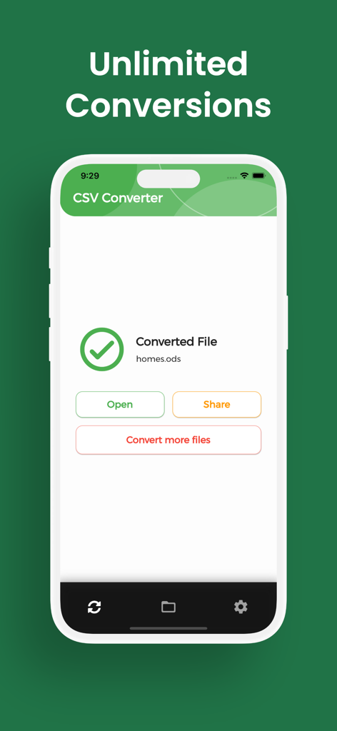 CSV Converter, CSV to PDF - Captura de tela do aplicativo Conversor de CSV exibindo uma confirmação de conversão de arquivo bem-sucedida com opções para abrir ou compartilhar o novo arquivo.
