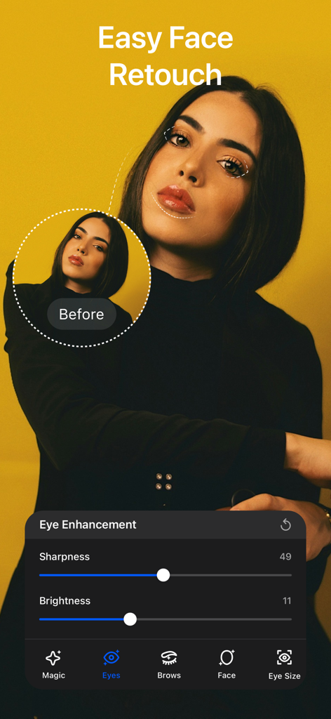 Interface de l'application AI Enlarger montrant les fonctionnalités de retouche de visages et d'amélioration des yeux sur une photo de portrait.