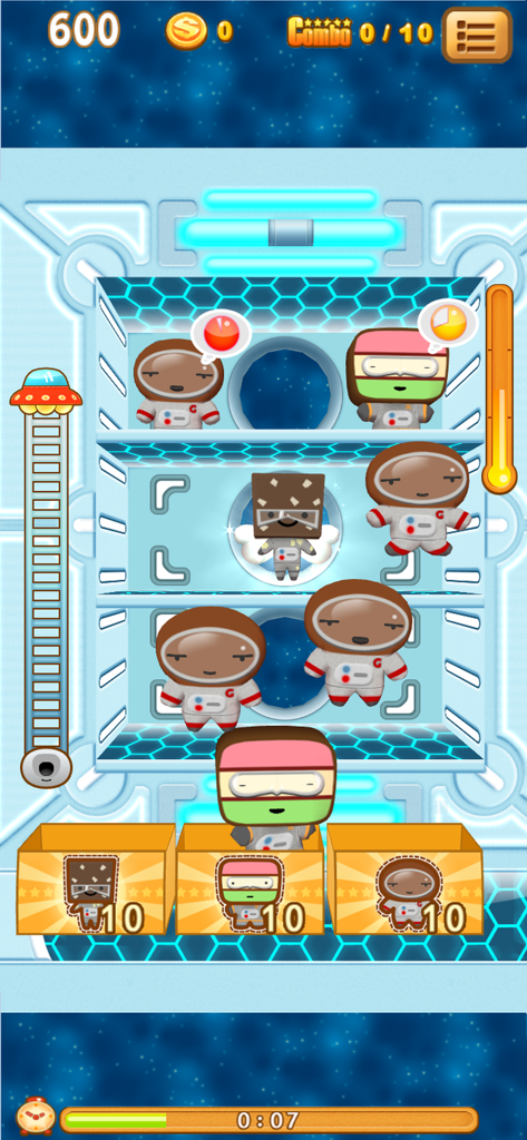 Cake5 - Cake5 mobile game screenshot showing cute cake characters in space suits being sorted into matching boxes during a space mission level.