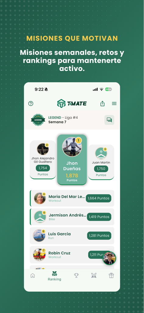 T-Mate - T-Mate fitness app leaderboard screen showing user rankings and points earned from weekly missions