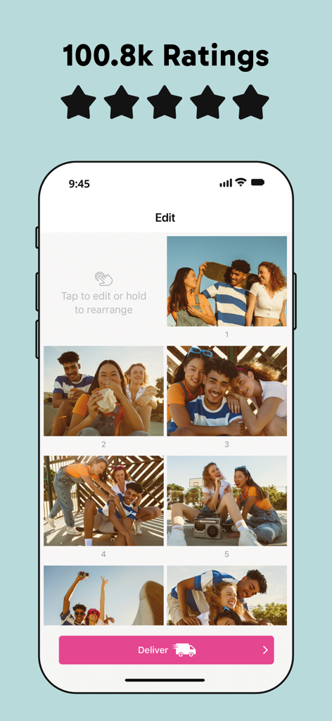 Interface de l'application Photo Prints Plus montrant une grille de photos sélectionnées avec un bouton Livrer et des évaluations d'utilisateurs élevées.