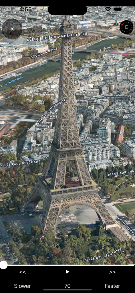 Uma visão detalhada de mapa aéreo 3D da Torre Eiffel em Paris dentro do aplicativo de navegação r.485.