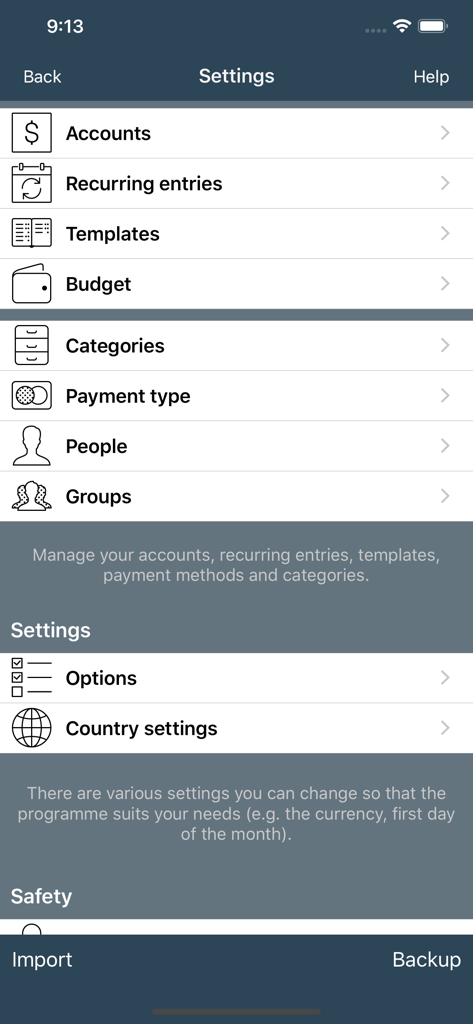 Einstellungsbildschirm zur Verwaltung von Konten und Budgets in der Mein Budgetbuch-App
