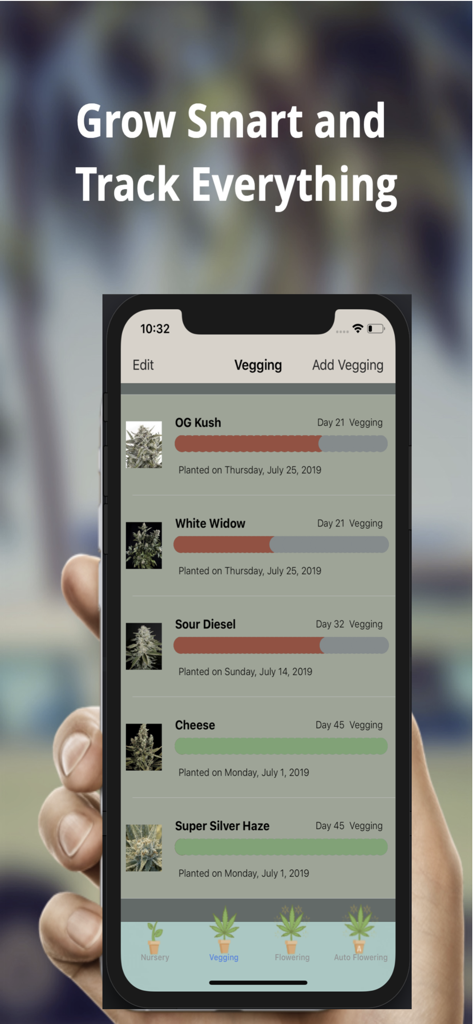 Interface of the My Grow app tracking cannabis plant growth during the vegging stage