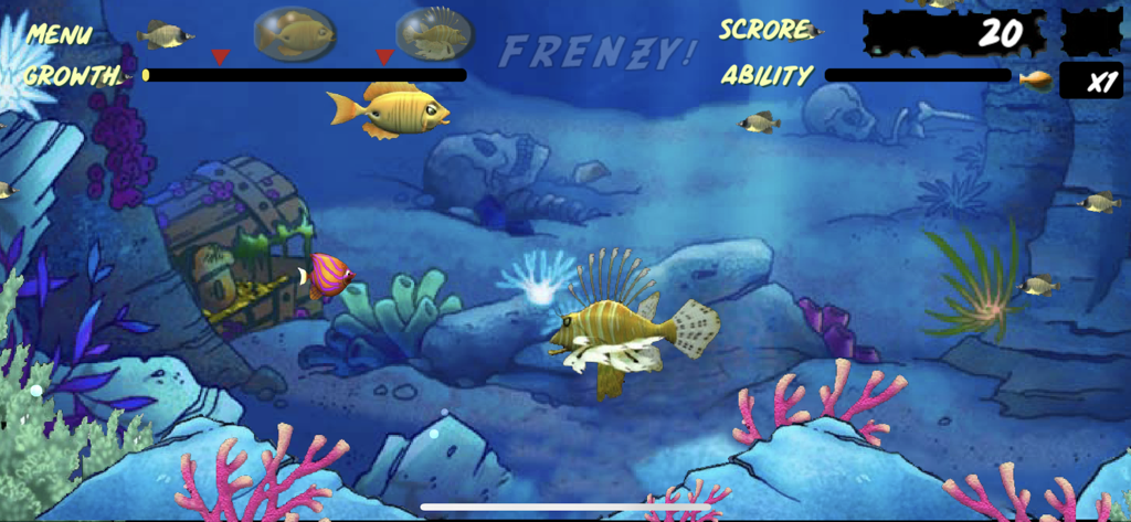 A lionfish swimming in a colorful underwater level with retro graphics and coral reefs