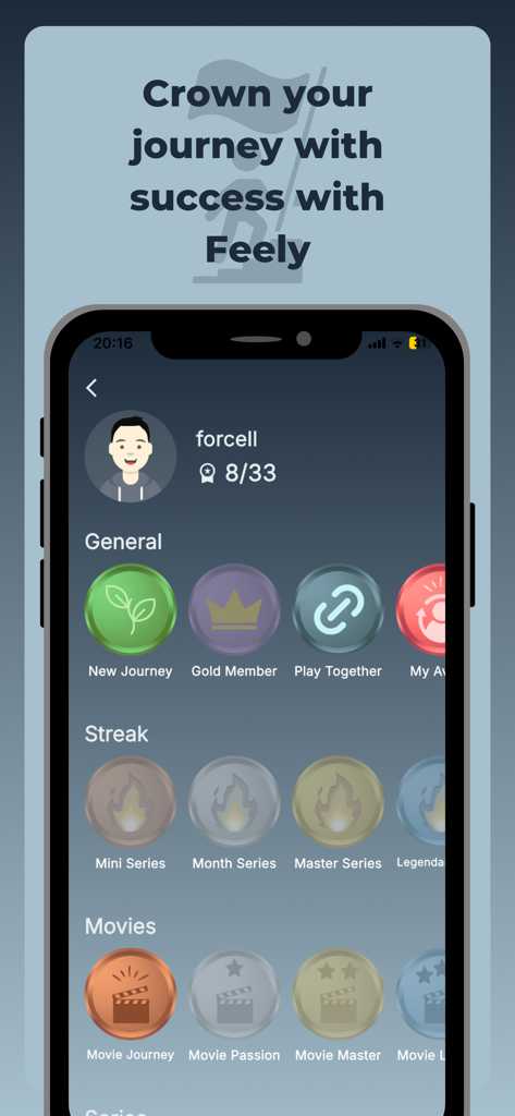 A user profile interface in the Feely app displaying achievement badges for movie and series streaks.