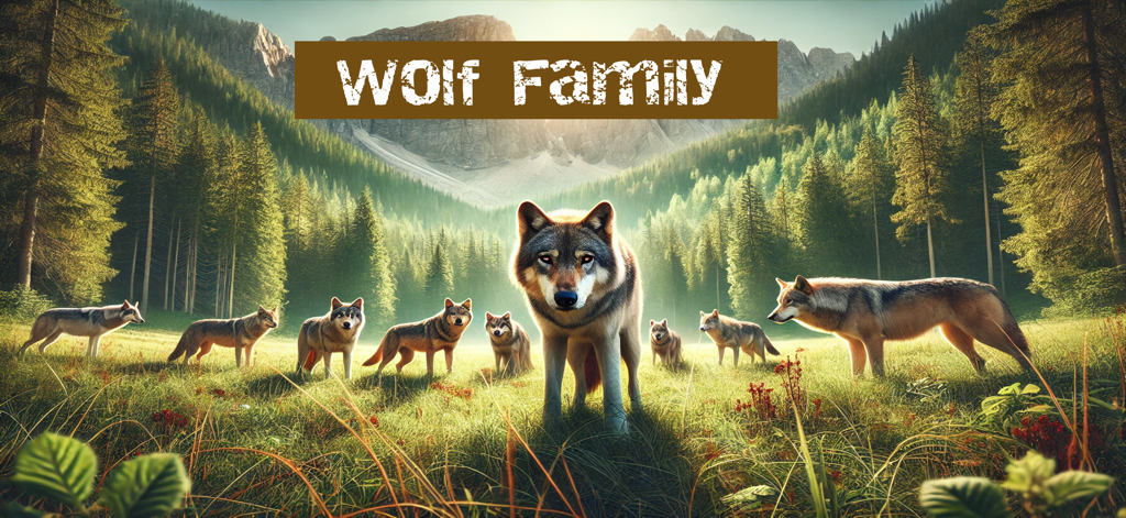 Wolf Simulator - Family Sim - A pack of wolves standing in a sunlit forest clearing with the text Wolf Family.