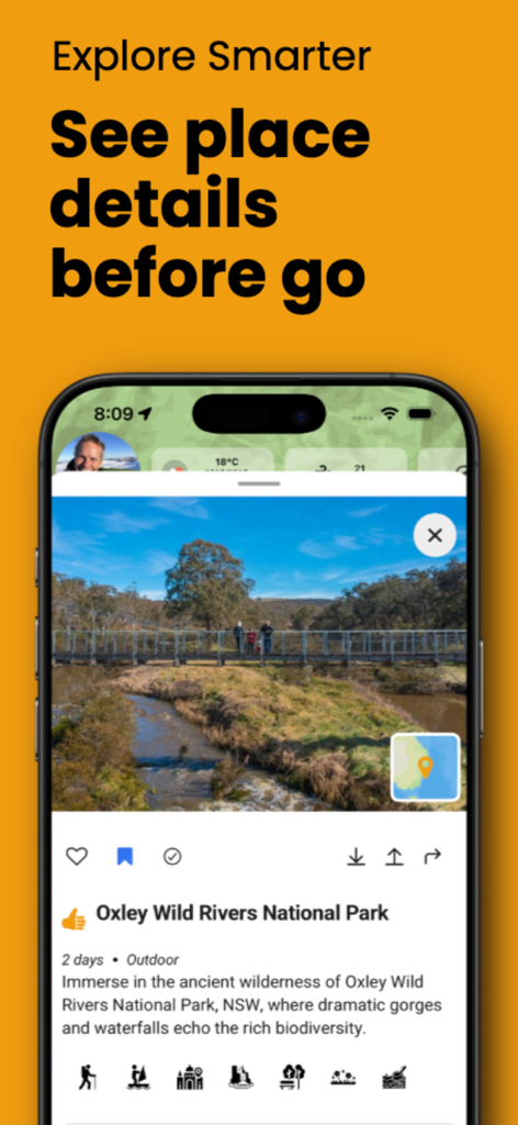Explore by JAX - Explore by JAX app screen showing information and photos for Oxley Wild Rivers National Park
