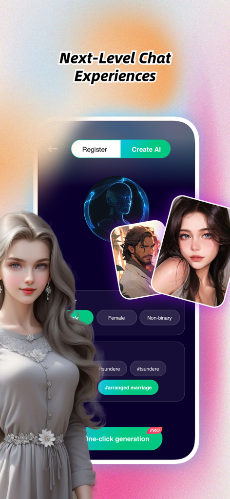 Kisu Pro mobile app screen for creating personalized AI chat companions with one-click generation.
