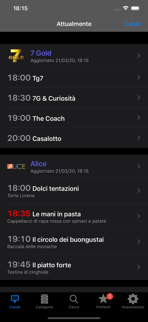 Screenshot of the Italian TV Schedule app showing daily programming for 7 Gold and Alice channels in a dark theme interface.