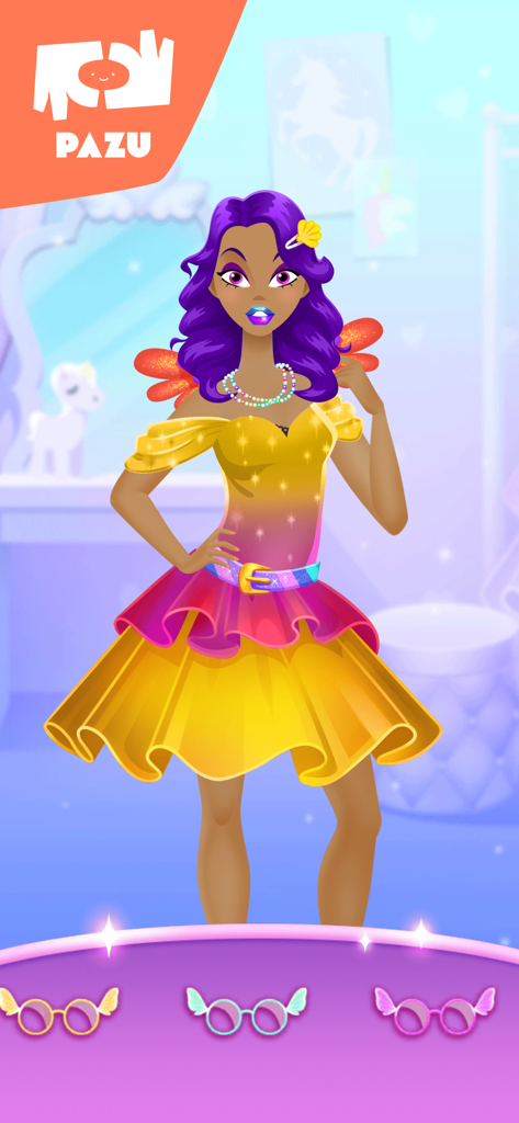 A girl character with purple hair wearing a sparkling yellow dress in a unicorn themed makeup game