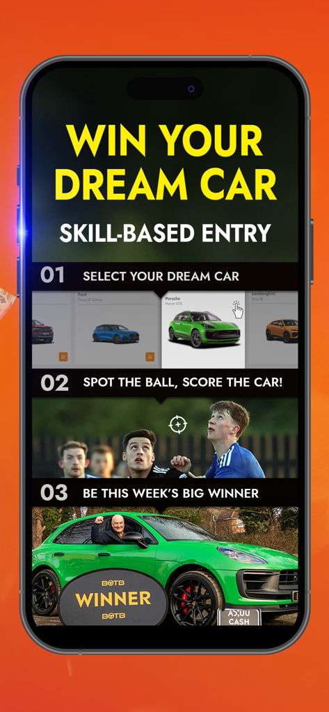 BOTB - Win Your Dream Car - Una guía de tres pasos en la aplicación BOTB que muestra cómo seleccionar un coche de ensueño, jugar al juego de adivinar el balón y convertirse en ganador.