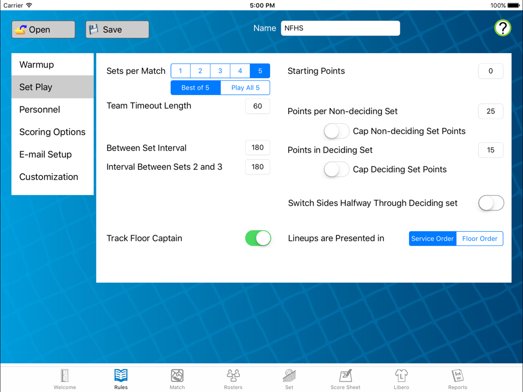 VolleyWrite - Interface of the VolleyWrite app displaying volleyball match rules and set play configuration on an iPad.