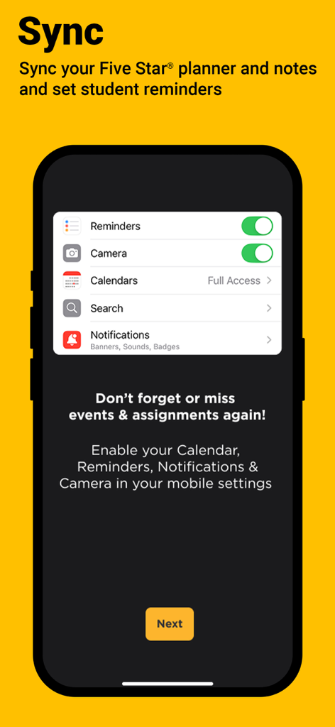 Five Star Study App sync screen on iPhone showing options to enable reminders, camera, and calendar for student note organization.