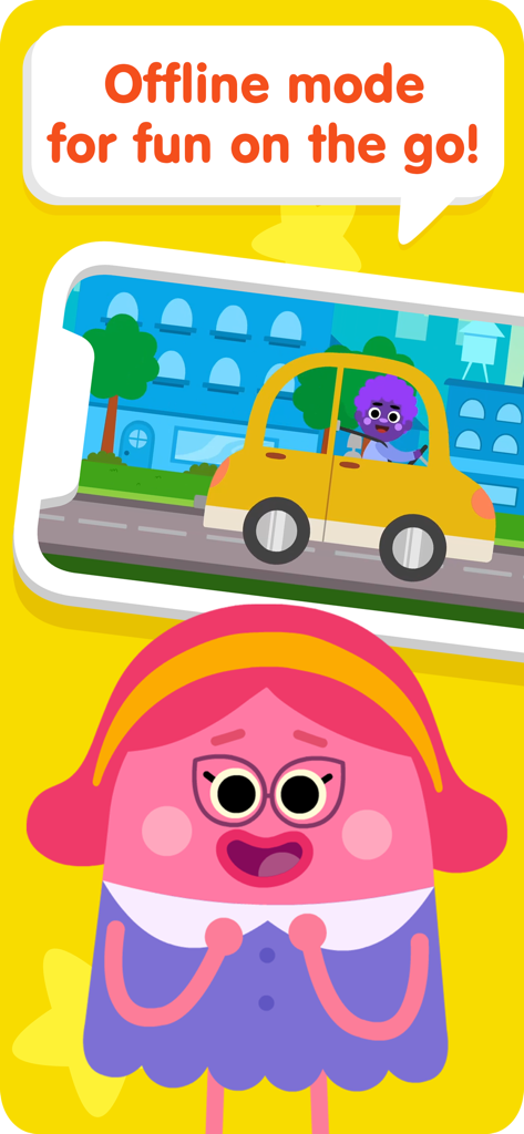 Cartoon-Charakter und ein Smartphone-Bildschirm, der die Offline-Modus-Funktion der Super Simple Kids Songs App zeigt