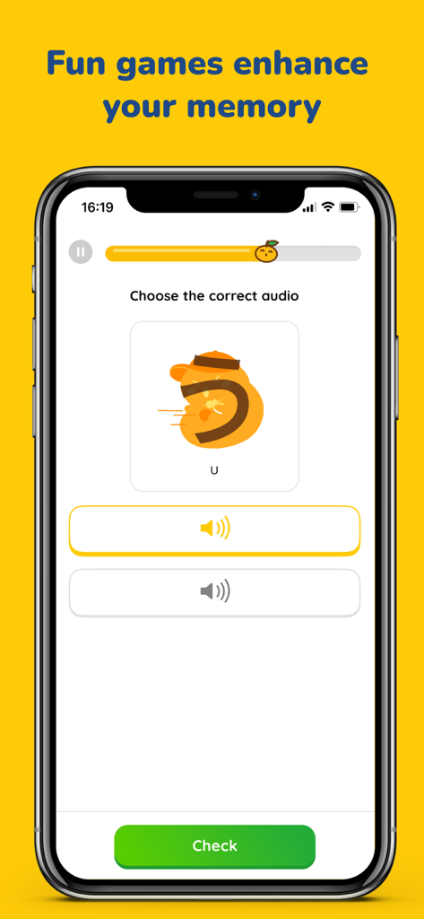 A screenshot of the MochiKana app featuring a Japanese Hiragana character audio quiz with a cute mascot.