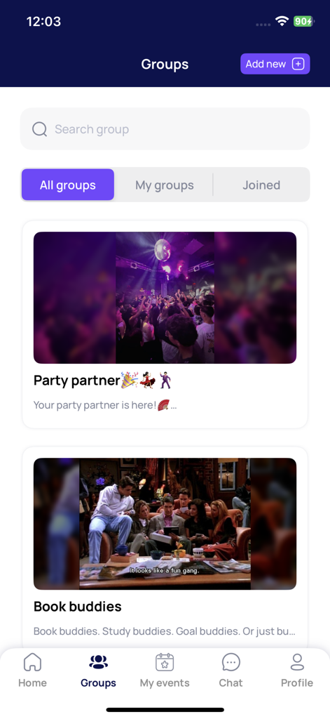 Declic - Declic app interface showing the groups tab with social interest categories like party partners and book buddies