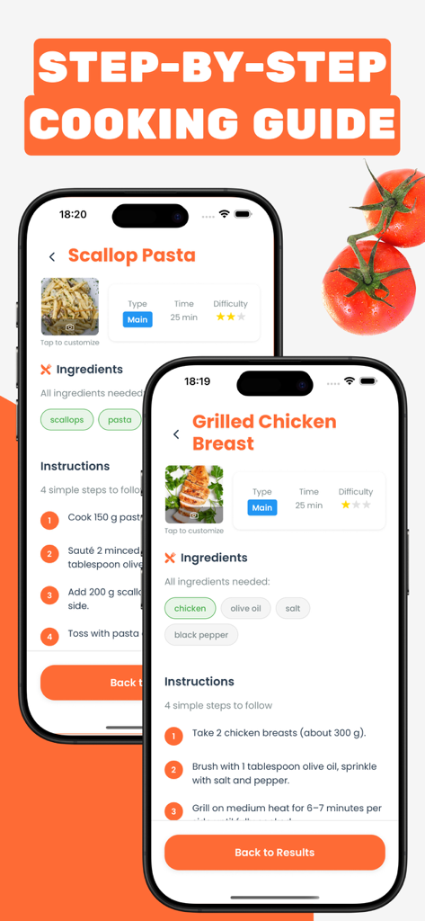 Step by step cooking guide in the Recipe Finder app showing recipes for pasta and chicken