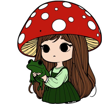 a realistic mushroom girl holding a frog