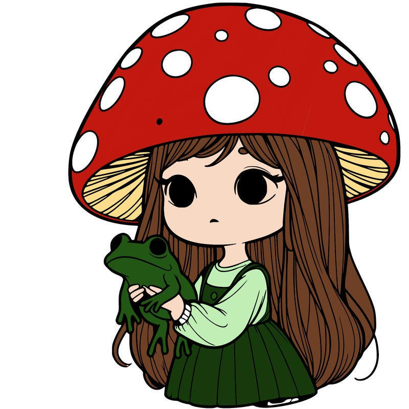 a realistic mushroom girl holding a frog