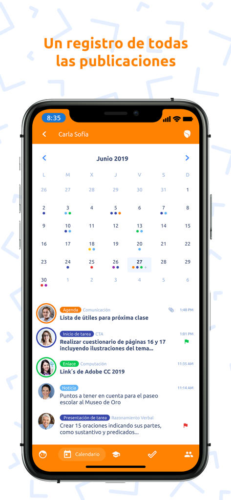 SiaNet mobile app interface showing a school calendar and a list of student tasks and announcements