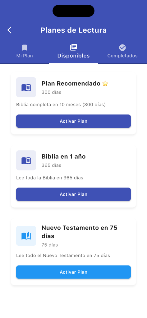 Santa Biblia Catolica Romana - Pantalla de planes de lectura disponibles en la aplicación Santa Biblia Católica Romana