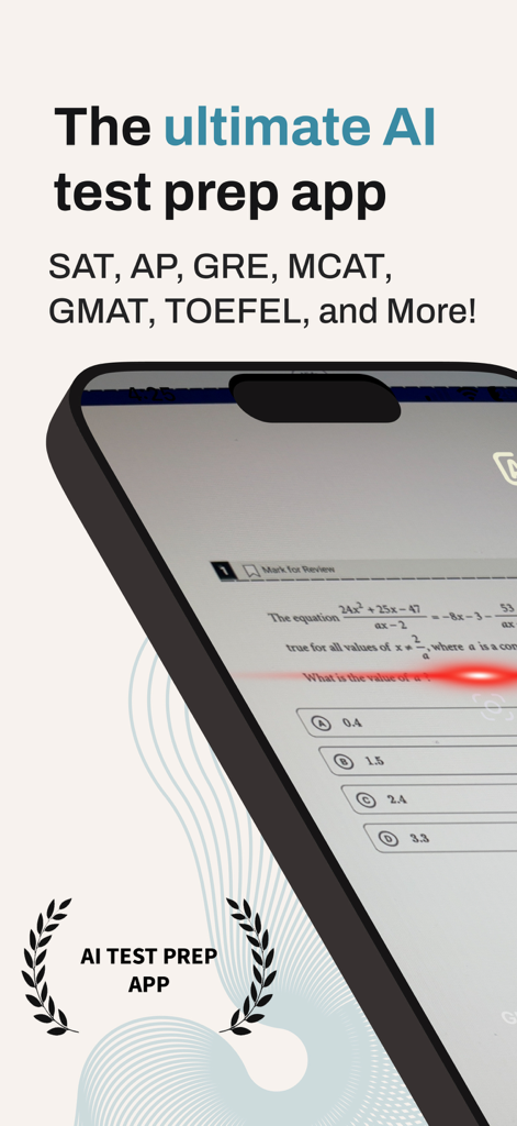 Yolk AI: Einstein AI Method - Smartphone screen showing Yolk AI app for test preparation including SAT AP and GRE exams with a math equation solver interface