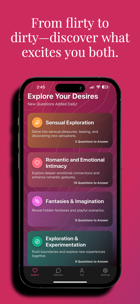 Xplore Couple Intimacy Match - A smartphone showing the Xplore app interface with categories for sensual exploration and romantic intimacy quizzes.