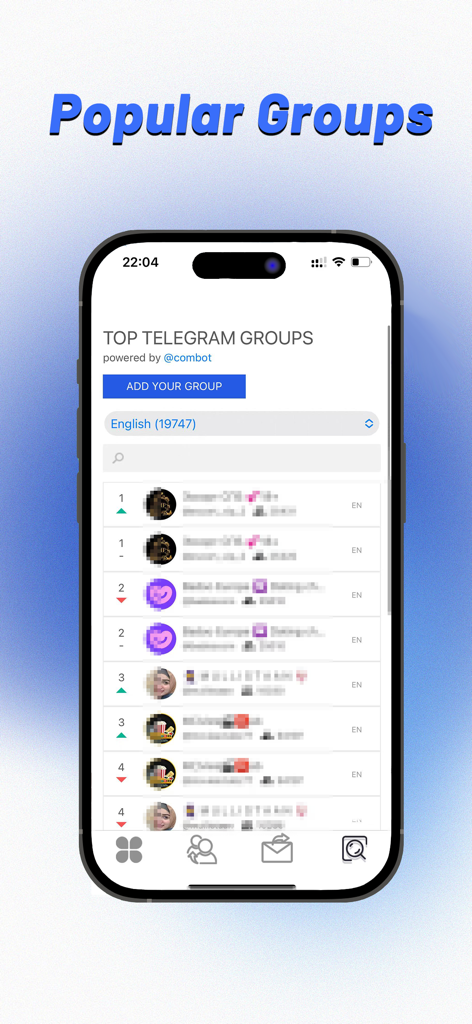 Parallel Space - Dual Chat - A list of popular Telegram groups and channels within the Parallel Space app search feature.