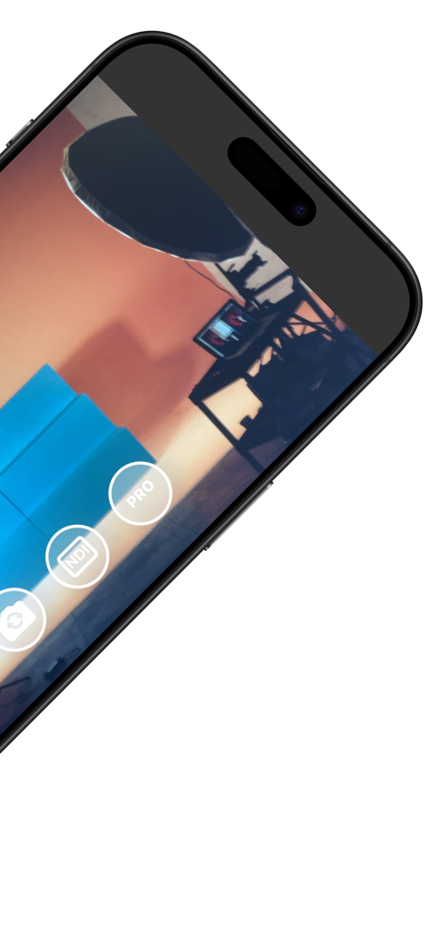 UVC Camera to NDI - Mobile app interface showing NDI and PRO mode buttons on a device with a video production background