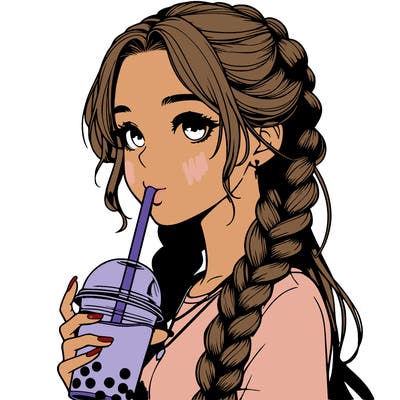 realistic girl with braided hair drinking boba