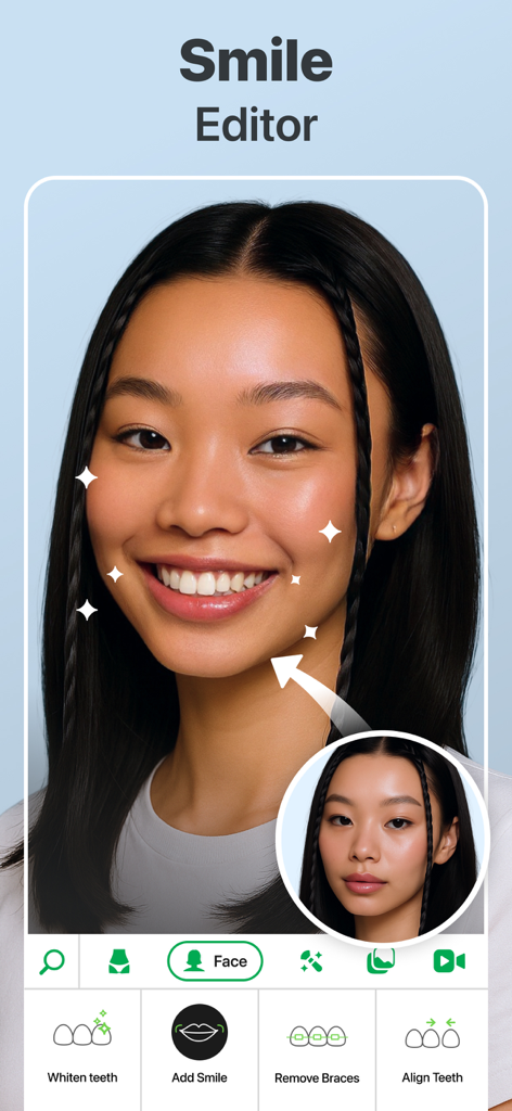 Interface do aplicativo Retouch Me mostrando opções de edição facial, incluindo clareamento de dentes e adição de recursos de sorriso.