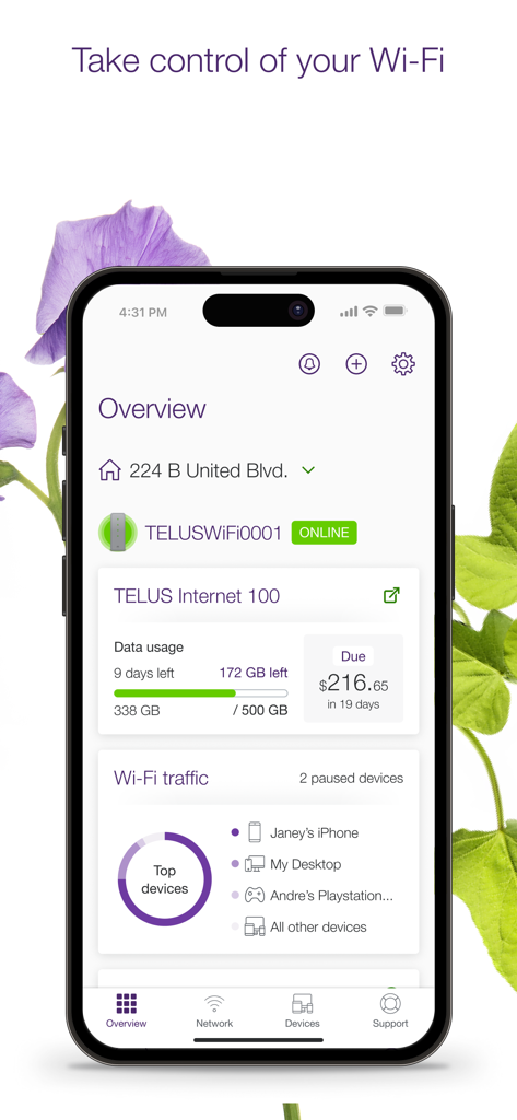 TELUS Connect app overview screen showing network status and device data usage