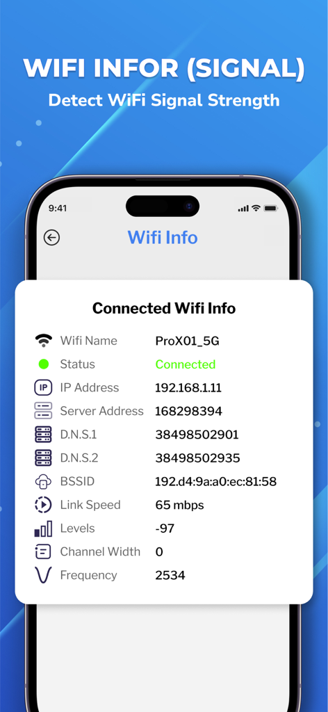 WiFi Password - WiFi Scan - Interface d'application mobile affichant des informations détaillées sur le WiFi connecté et la force du signal
