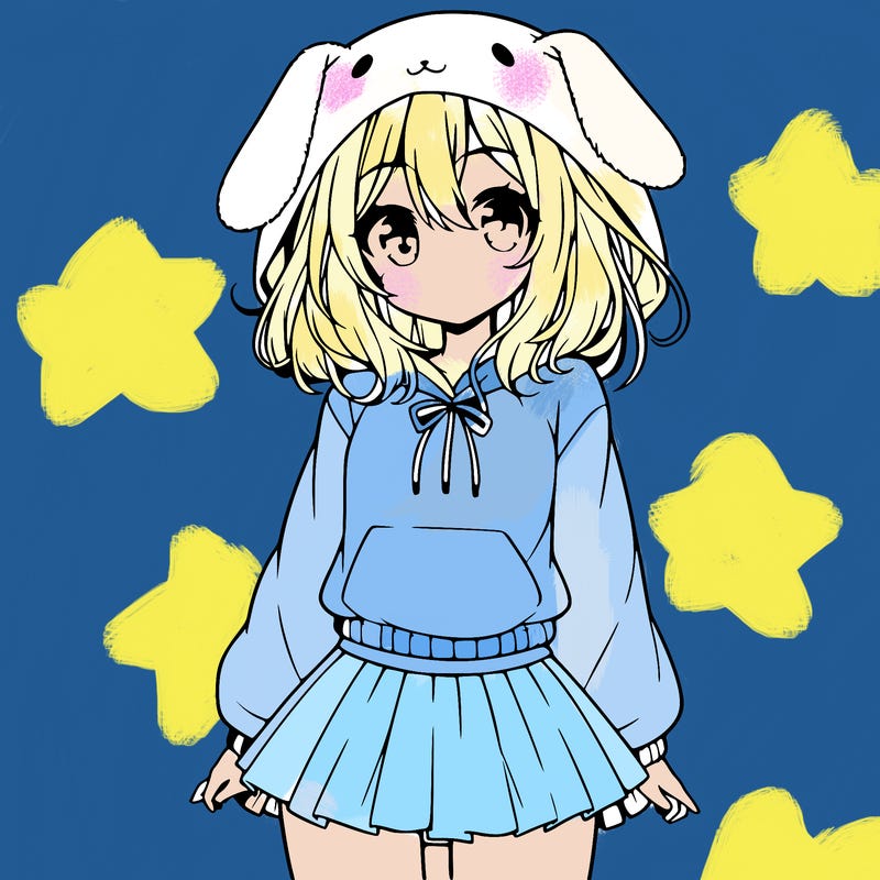 pretty anime girl wearing a fluffy hoodie with bunny ears on the hood and a skirt