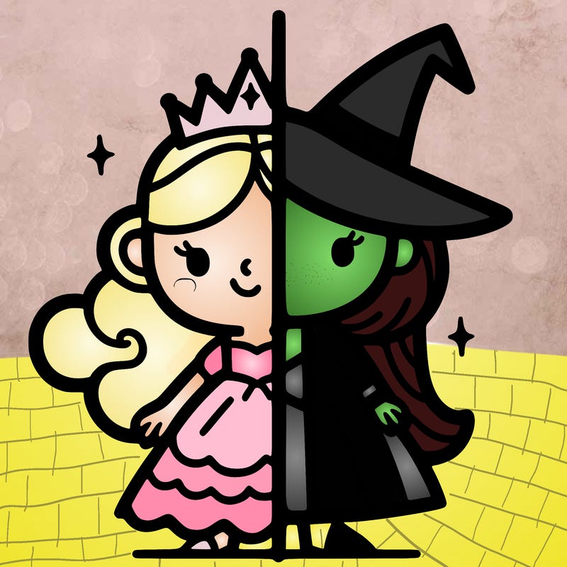 detailed split of a princess and a witch