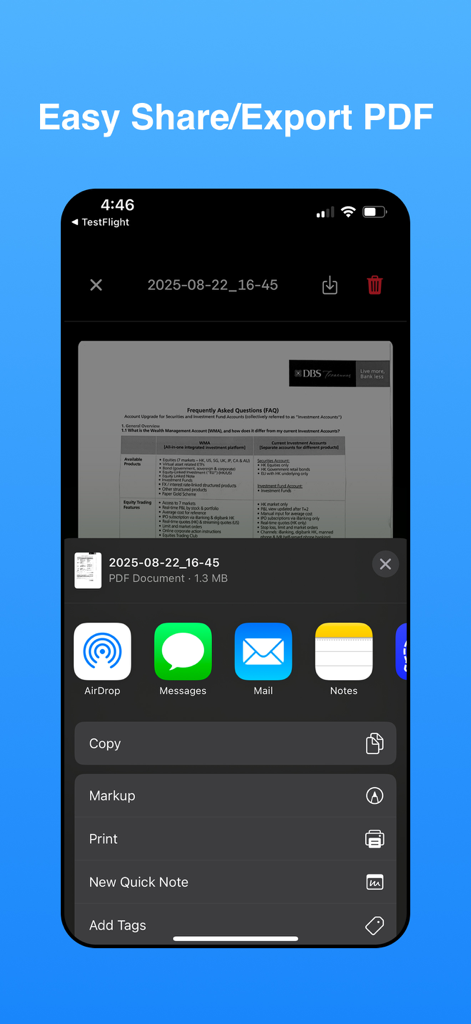 PDF Scanner - Easy Scan PDF - Mobile Oberfläche, die einfache Optionen zum Teilen und Exportieren von gescannten Dokumenten als PDF zeigt.