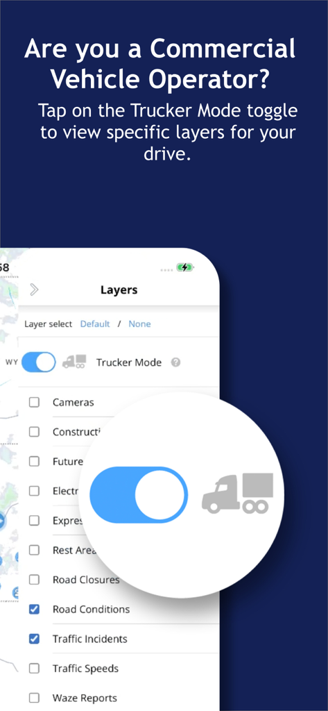 Interface of COtrip Planner app showing the Trucker Mode toggle and map layers menu for commercial drivers