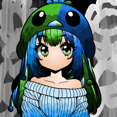 anime girl with chick shaped hat with sweater with bare shoulders with bangs covering them one eye with low tail