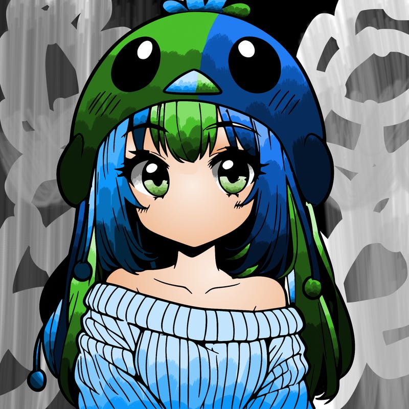 anime girl with chick shaped hat with sweater with bare shoulders with bangs covering them one eye with low tail