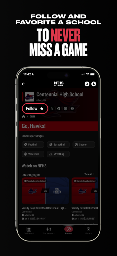 Interface of the NFHS Network app showing how to follow a high school to watch live sports and highlights.