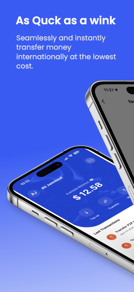 Wink NEO - Interfaz de la app Wink NEO mostrando funciones de transferencia de dinero internacional instantánea y saldo