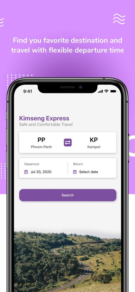 Kimseng Express - Kimseng Express mobile app interface showing travel search from Phnom Penh to Kampot.