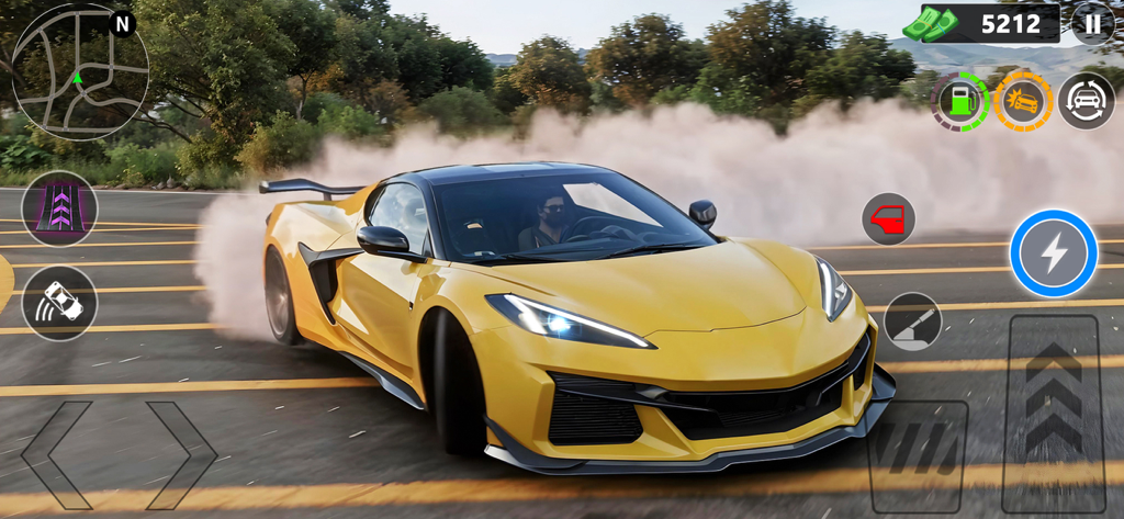 Open World Car Race Drive 3D - Un coche deportivo de lujo amarillo derrapando de forma extrema con humo en un simulador de conducción de mundo abierto